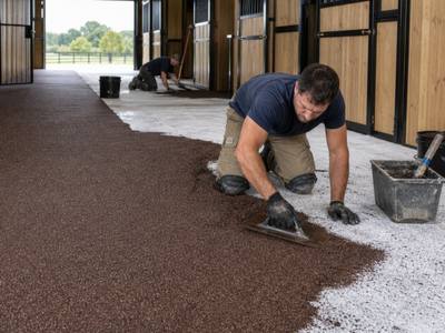 Rubber surfacing being laid down a horse barn aisle