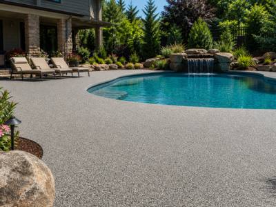 Finished rubber pool deck with patio seating