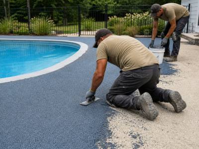 Rubber surfacing troweled to a pool edge
