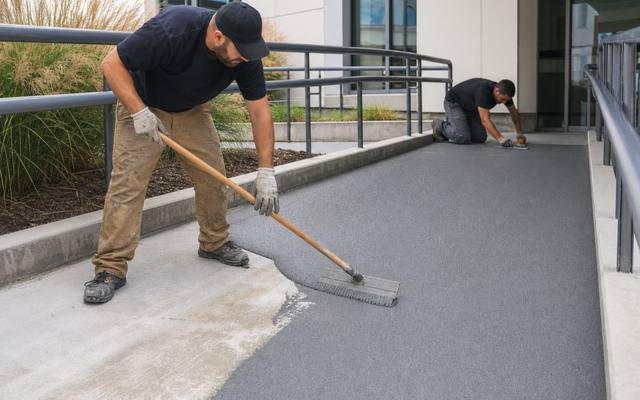 Installer spreading grey rubber surfacing across a commercial entrance ramp
