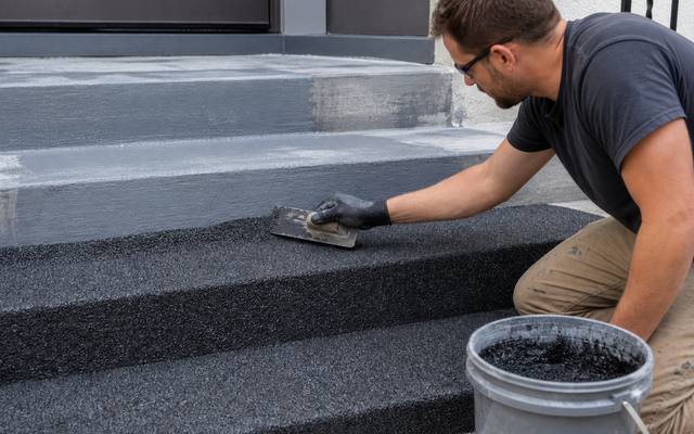 Installer smoothing black rubber surfacing onto a flight of concrete steps