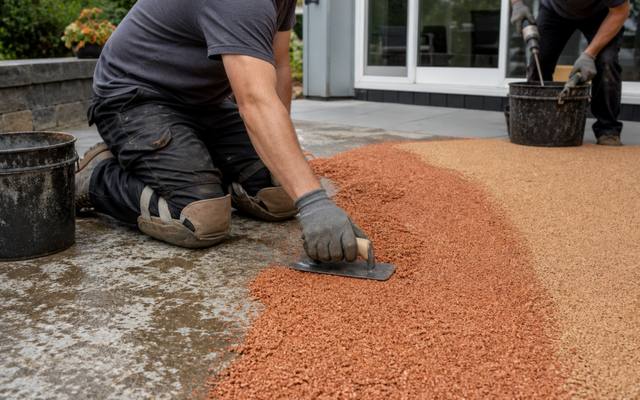 Installer troweling grey rubber surfacing beside a backyard swimming pool
